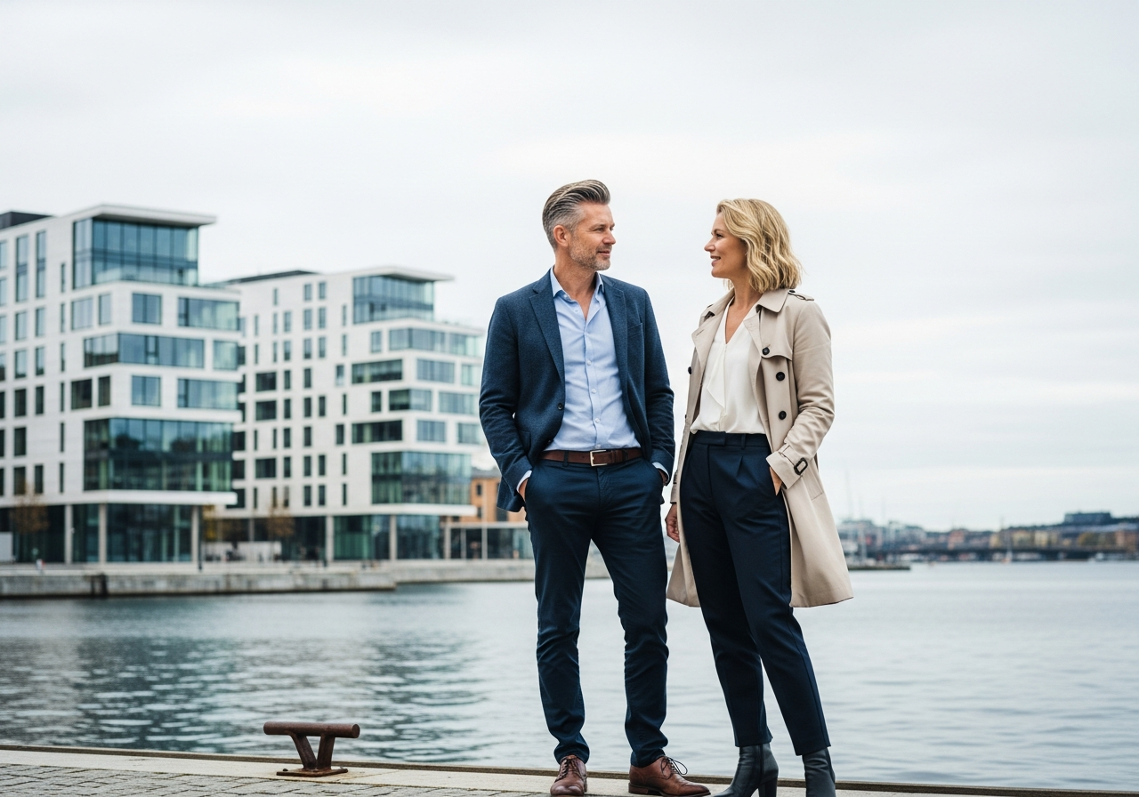 A Swedish man and woman in smart-casual attire by Stockholm's waterfront at dusk, with Gamla Stan in the background.